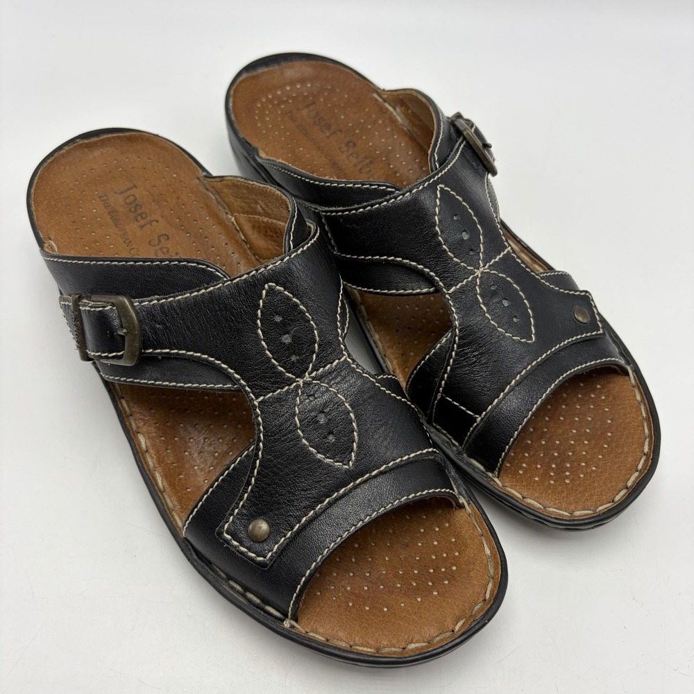 Josef Seibel Sandals Womens 7 Black Leather Contrast Stitching 38 Casual Comfort